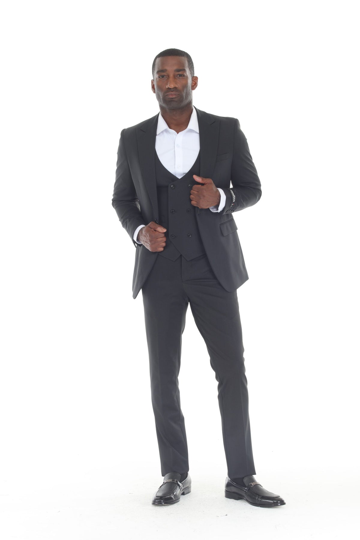 Black Modern Fit 3-Piece Suit — Double-Breasted Vest – Suituno