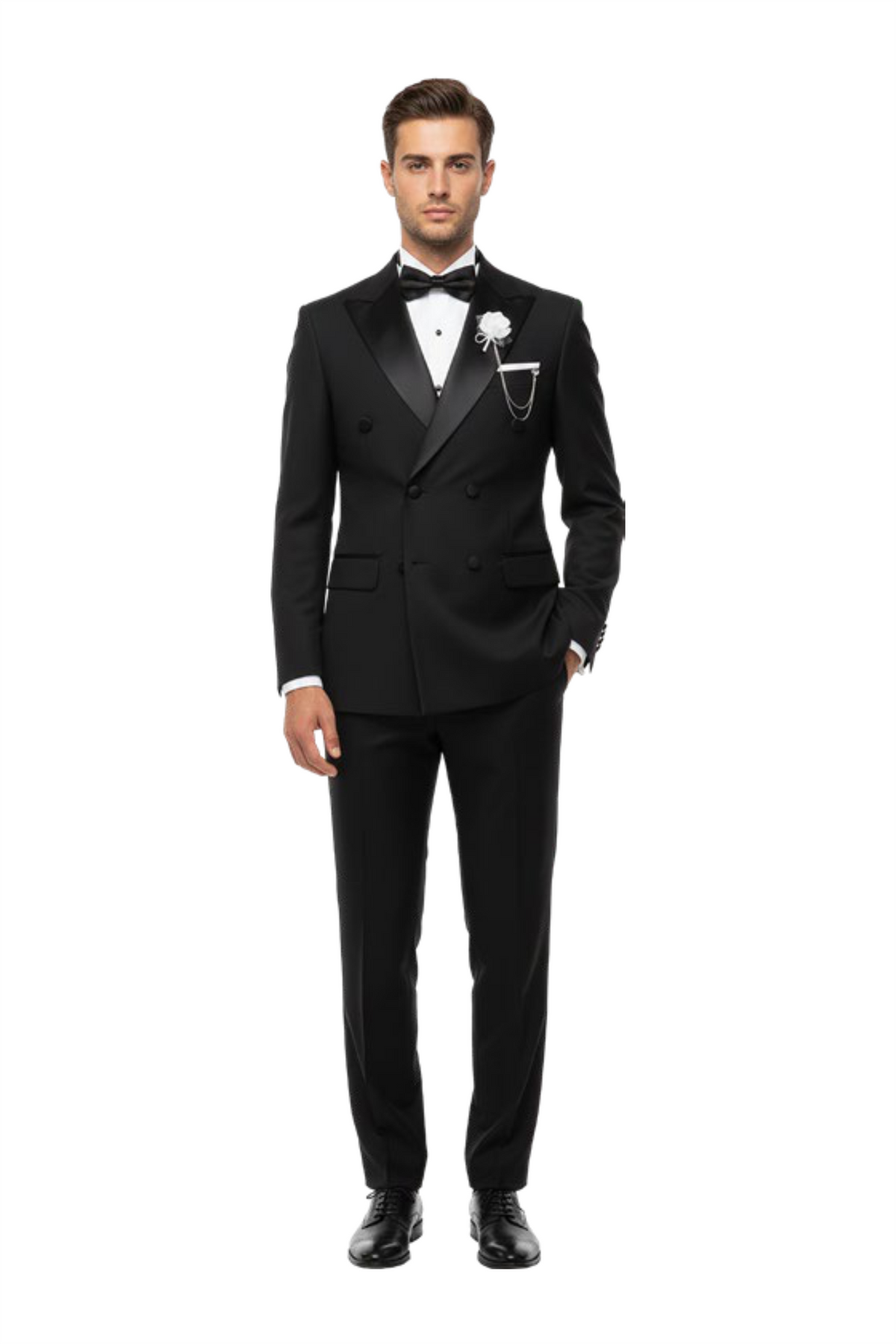 Black Double-Breasted Satin Peak Lapel Tuxedo – Suituno