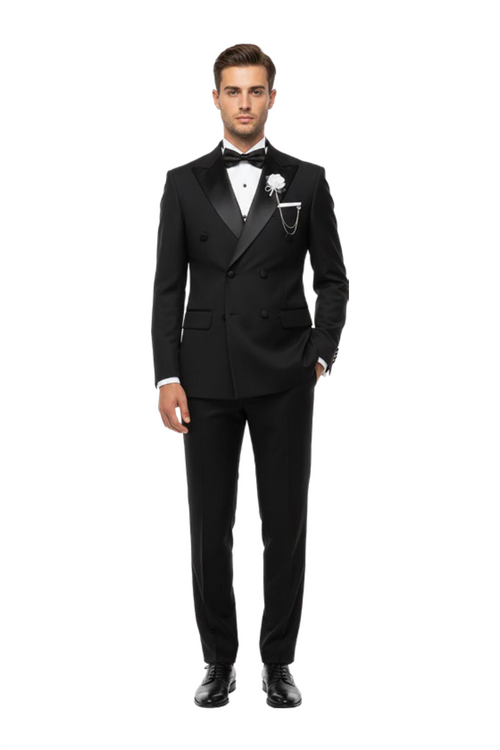 Black Double-Breasted Satin Peak Lapel Tuxedo – Suituno