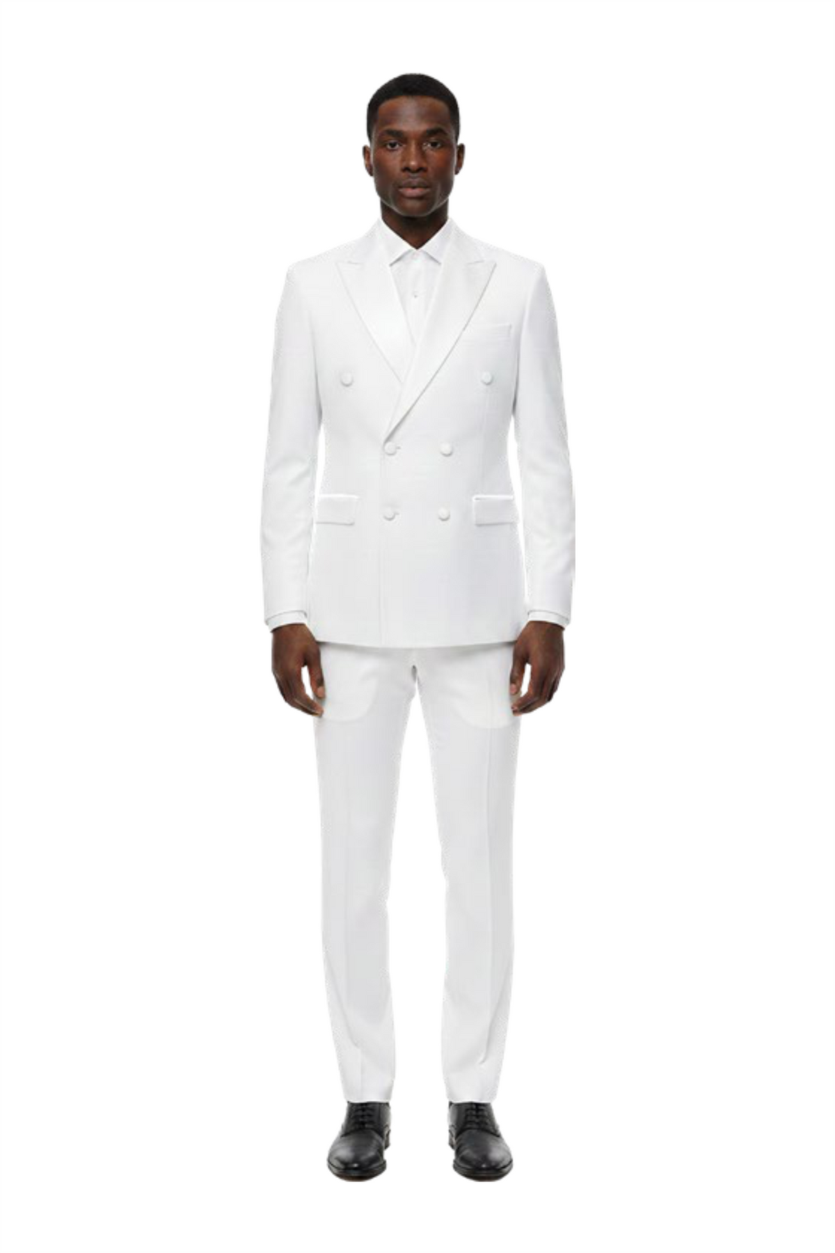 White Double-Breasted Satin Peak Lapel Tuxedo – Suituno