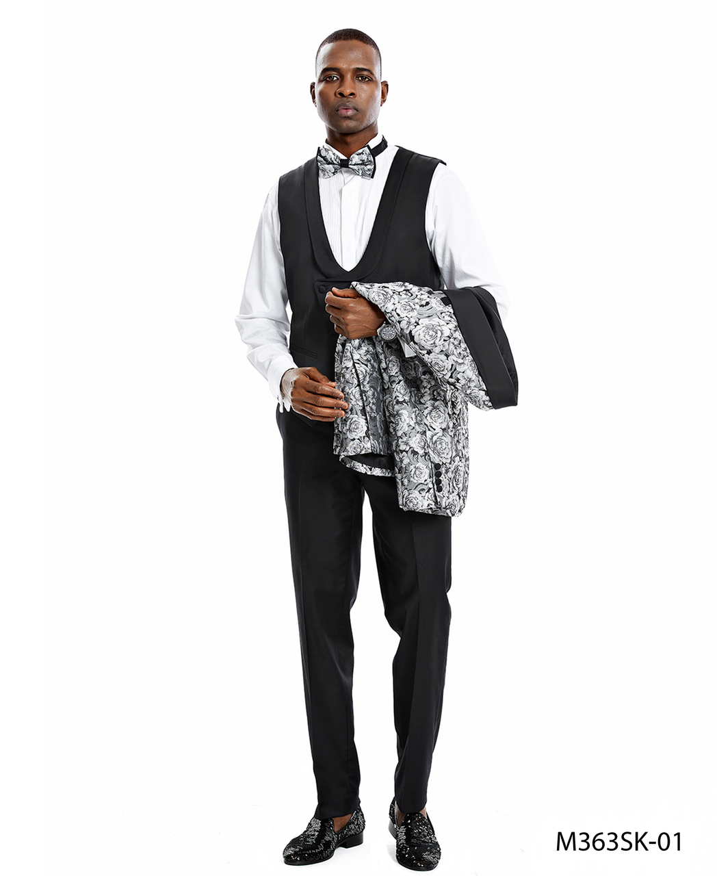 Silver & Black Paisley Skinny Fit 3-Piece Suit – Suituno, photo 3
