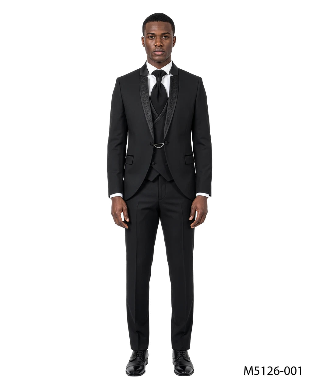 Black Ceremonial 3-Piece Suit — Wide Shawl Lapel & Beaded Vest – Suituno