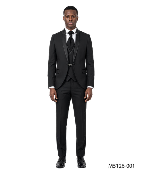 Black Ceremonial 3-Piece Suit — Wide Shawl Lapel & Beaded Vest – Suituno