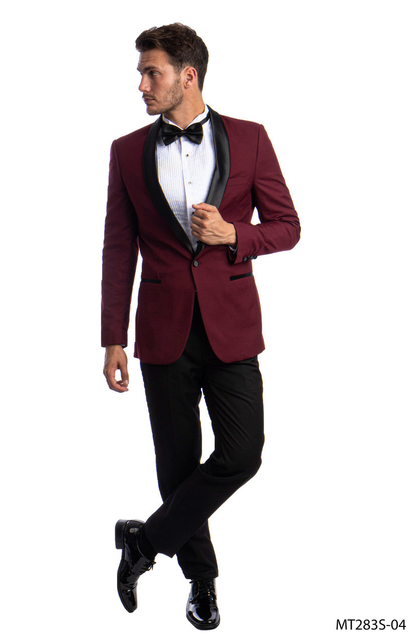 Burgundy Slim Fit Tuxedo with Black Satin Lapel – Suituno