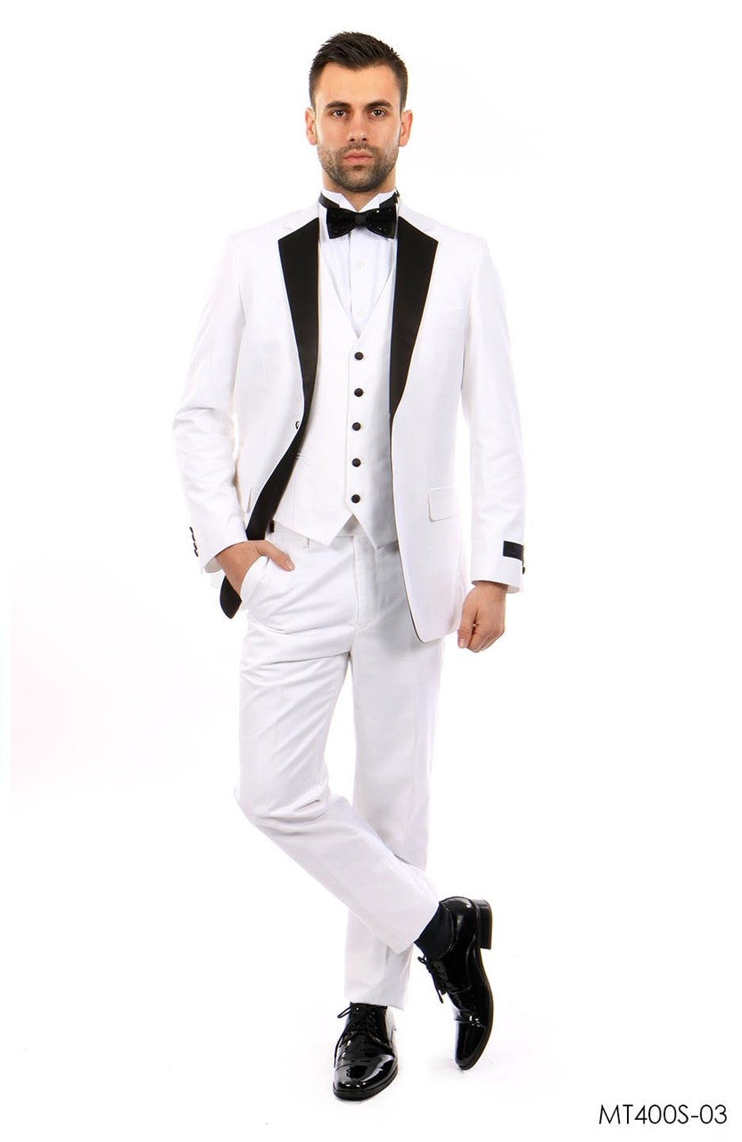 White Slim Fit 3-Piece Tuxedo with Black Lapel – Suituno, photo 2
