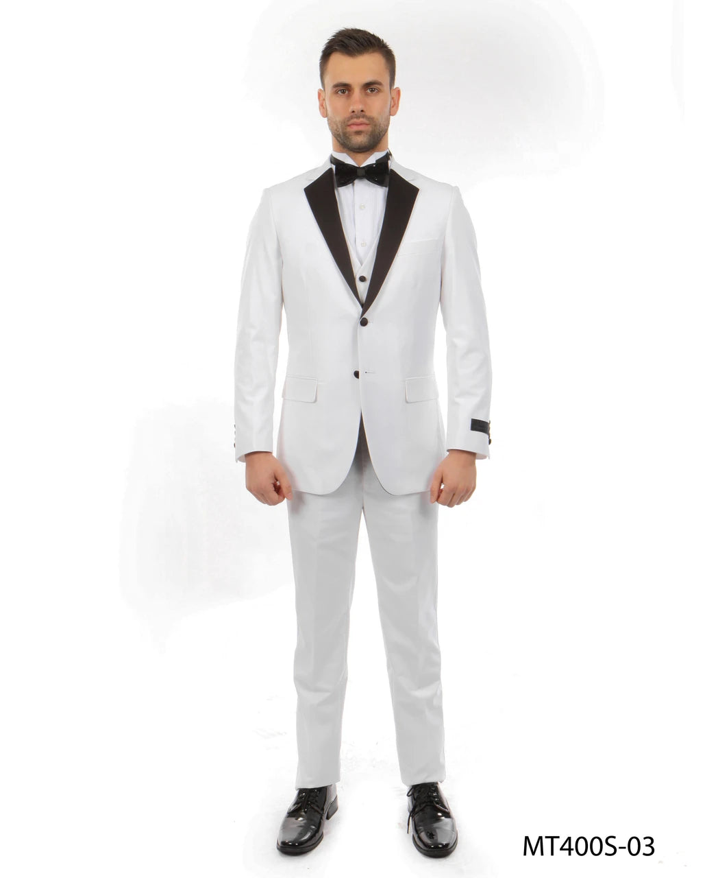 White Slim Fit 3-Piece Tuxedo with Black Lapel – Suituno