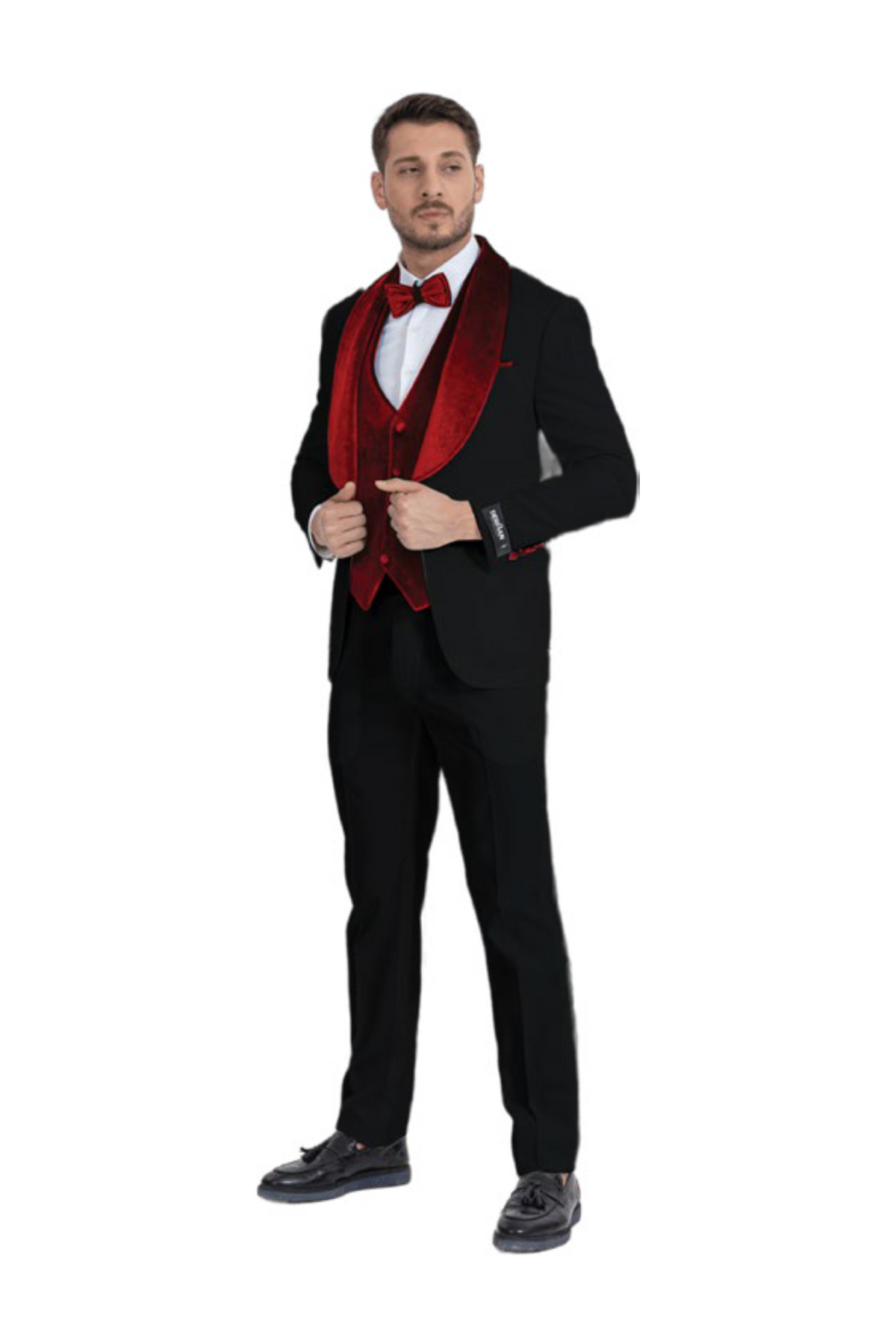 Black & Red Shawl Lapel Tuxedo with Velvet Vest – Suituno