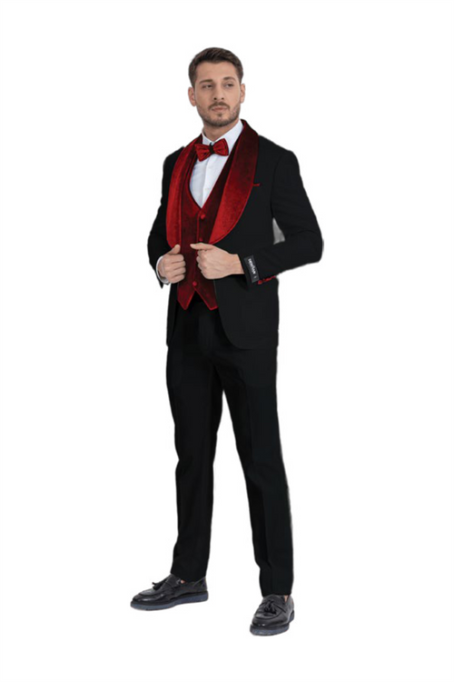 Black & Red Shawl Lapel Tuxedo with Velvet Vest – Suituno